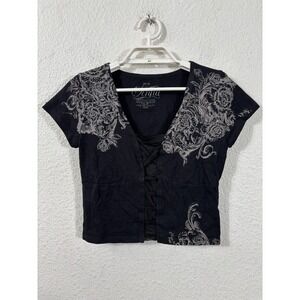 Sinful by Affliction T-Shirt Women Medium Black Lace Up Cropped Y2K